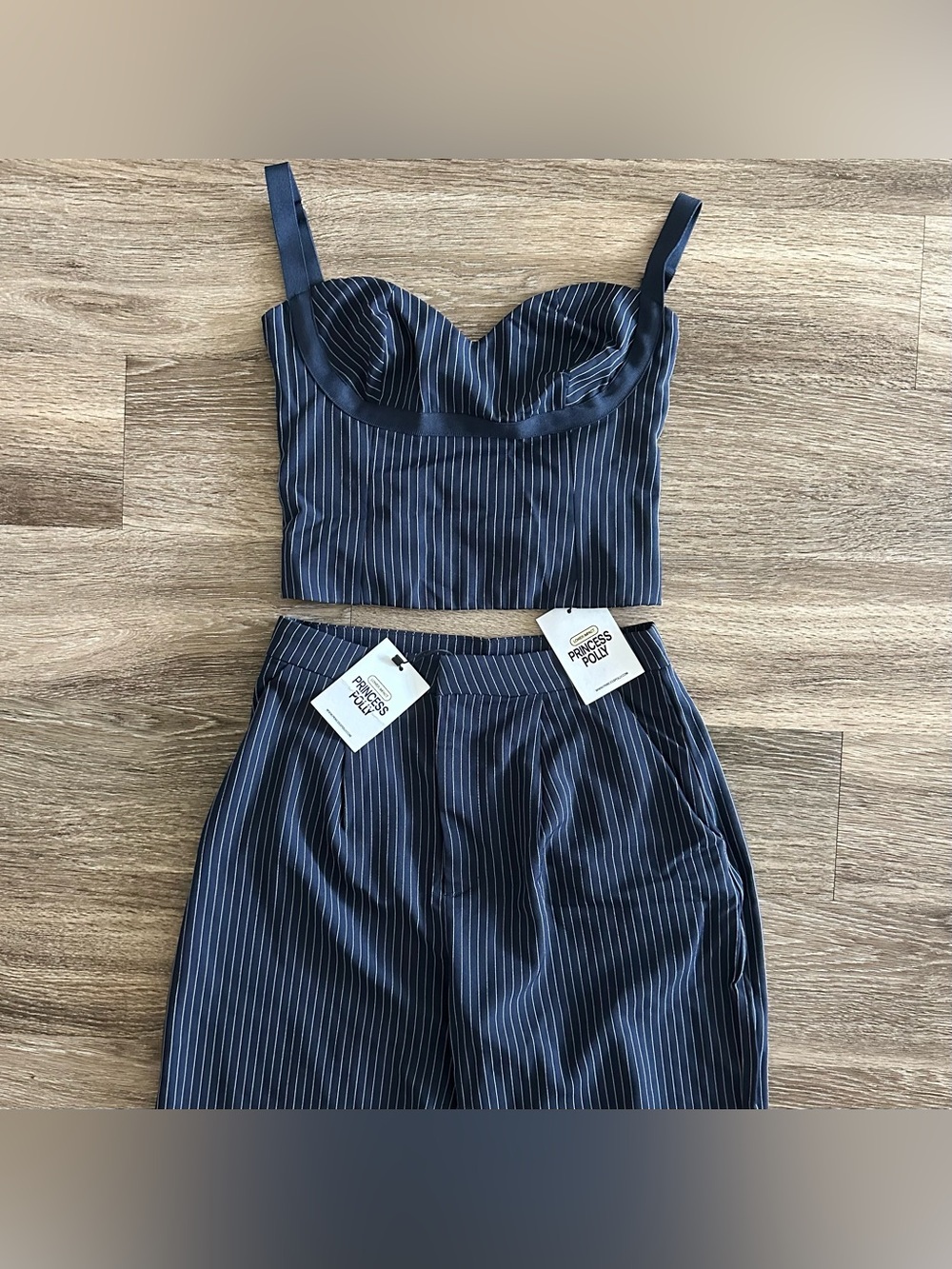 Princess Polly Briana Set Navy Pinstripe Bustier Crop Top & Wide Leg Pant US 6 - Picture 2 of 10